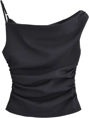 Women's Folded Asymmetric Tank Top Casual Slim Fit Round Neck Sleeveless Solid Color Camisole