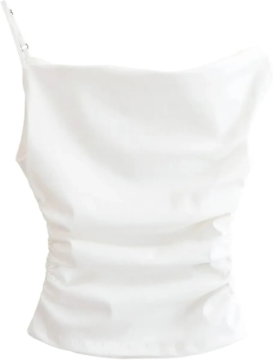 Women's Folded Asymmetric Tank Top Casual Slim Fit Round Neck Sleeveless Solid Color Camisole