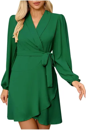 Womens Long Sleeve Dresses Sexy V Neck Long Sleeve Tie Waist Solid Ruffle Boho Flowy Swing Mini Dress for Mother of The Bride