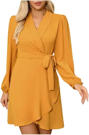 Womens Long Sleeve Dresses Sexy V Neck Long Sleeve Tie Waist Solid Ruffle Boho Flowy Swing Mini Dress for Mother of The Bride
