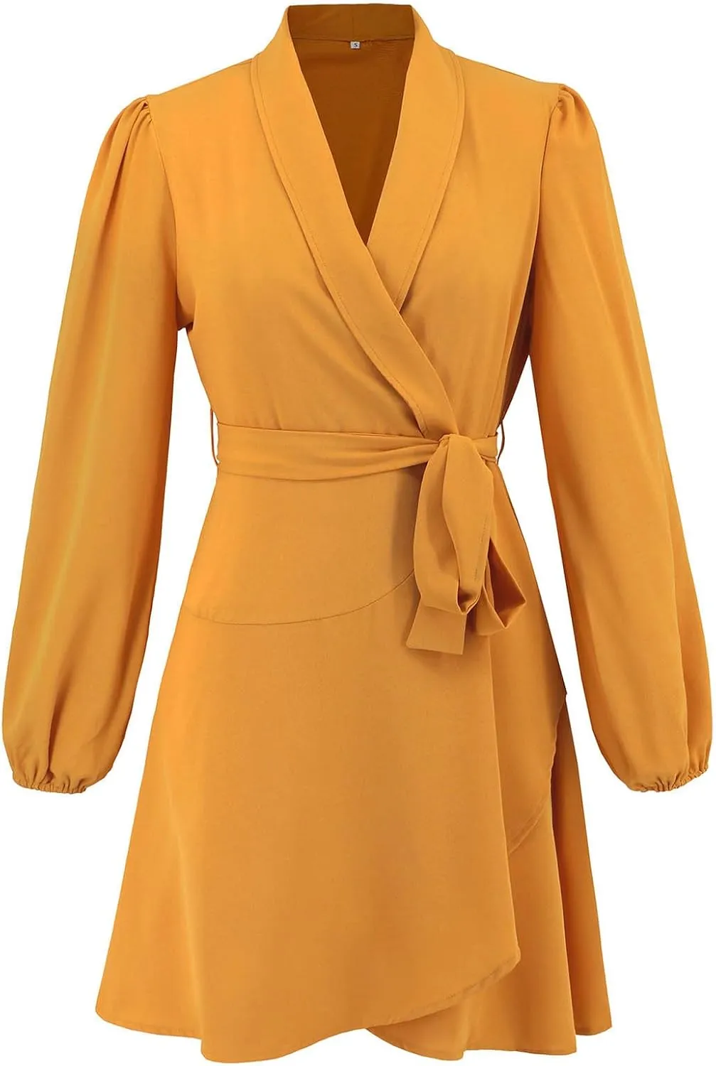 Womens Long Sleeve Dresses Sexy V Neck Long Sleeve Tie Waist Solid Ruffle Boho Flowy Swing Mini Dress for Mother of The Bride