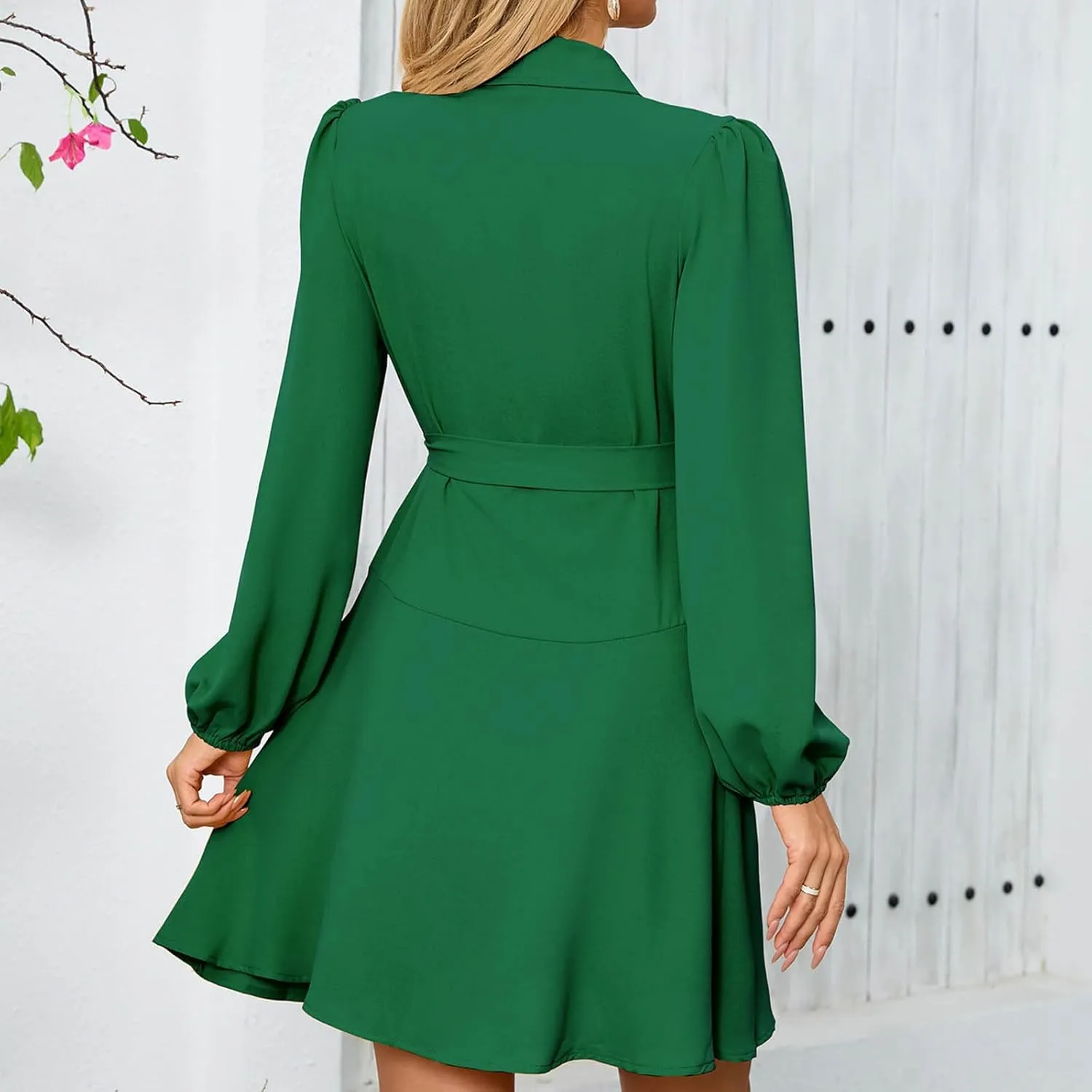 Womens Long Sleeve Dresses Sexy V Neck Long Sleeve Tie Waist Solid Ruffle Boho Flowy Swing Mini Dress for Mother of The Bride