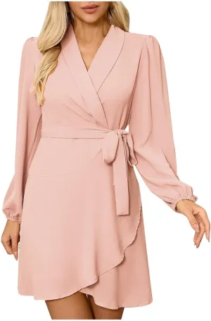 Womens Long Sleeve Dresses Sexy V Neck Long Sleeve Tie Waist Solid Ruffle Boho Flowy Swing Mini Dress for Mother of The Bride