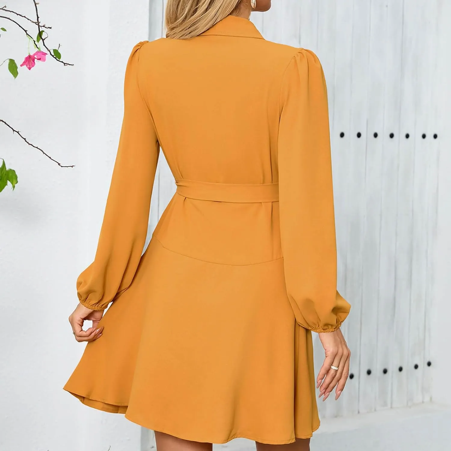 Womens Long Sleeve Dresses Sexy V Neck Long Sleeve Tie Waist Solid Ruffle Boho Flowy Swing Mini Dress for Mother of The Bride