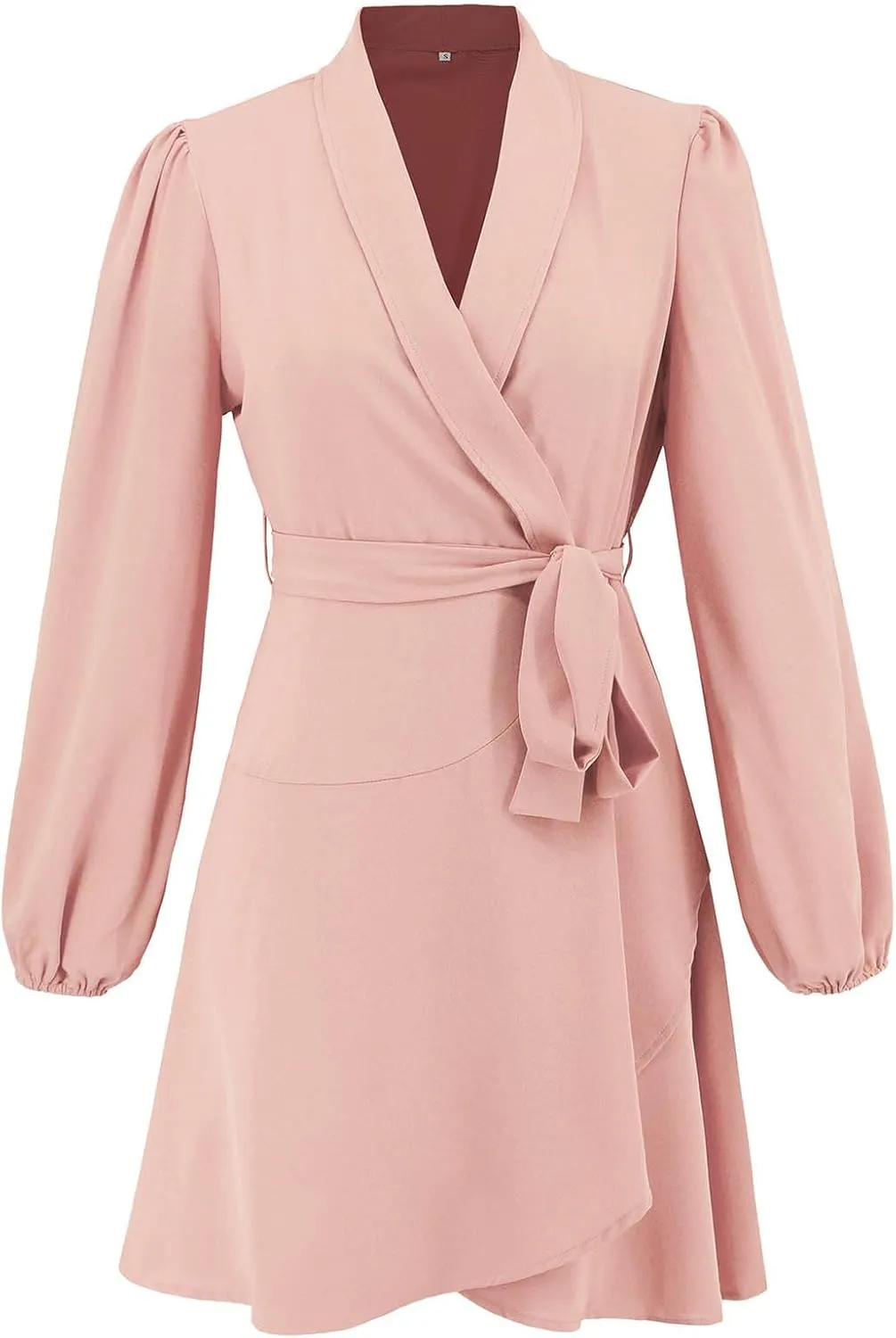 Womens Long Sleeve Dresses Sexy V Neck Long Sleeve Tie Waist Solid Ruffle Boho Flowy Swing Mini Dress for Mother of The Bride