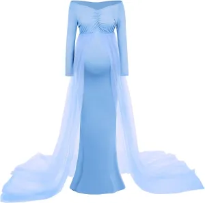Women's Long Sleeve Off Shoulder Maternity Maxi Photography Dress Tulle Wedding Mermaid Gown for Photoshoot Baby Shower