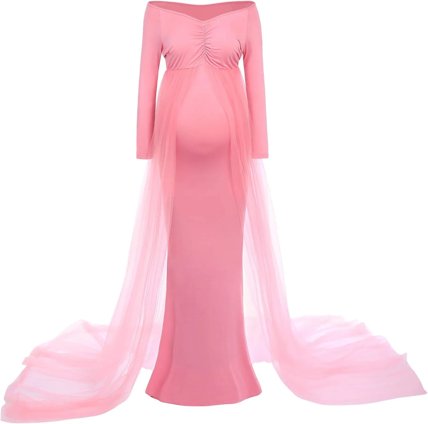 Women's Long Sleeve Off Shoulder Maternity Maxi Photography Dress Tulle Wedding Mermaid Gown for Photoshoot Baby Shower