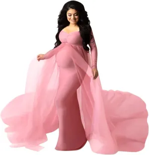 Women's Long Sleeve Off Shoulder Maternity Maxi Photography Dress Tulle Wedding Mermaid Gown for Photoshoot Baby Shower