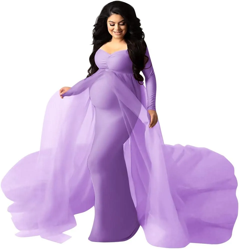 Women's Long Sleeve Off Shoulder Maternity Maxi Photography Dress Tulle Wedding Mermaid Gown for Photoshoot Baby Shower