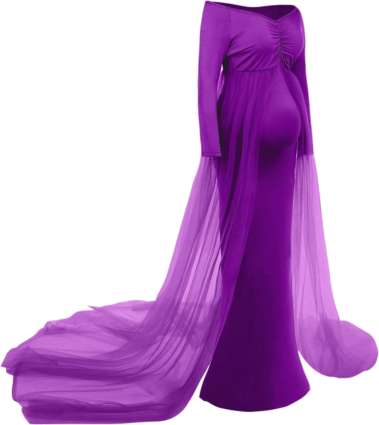 Women's Long Sleeve Off Shoulder Maternity Maxi Photography Dress Tulle Wedding Mermaid Gown for Photoshoot Baby Shower