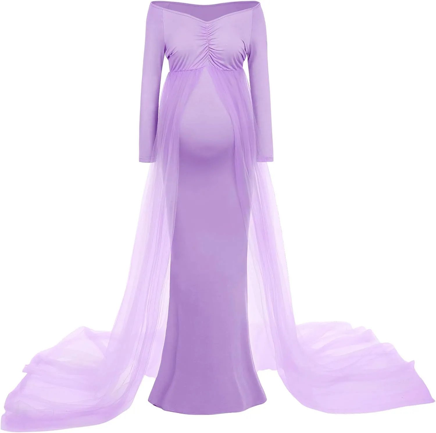 Women's Long Sleeve Off Shoulder Maternity Maxi Photography Dress Tulle Wedding Mermaid Gown for Photoshoot Baby Shower
