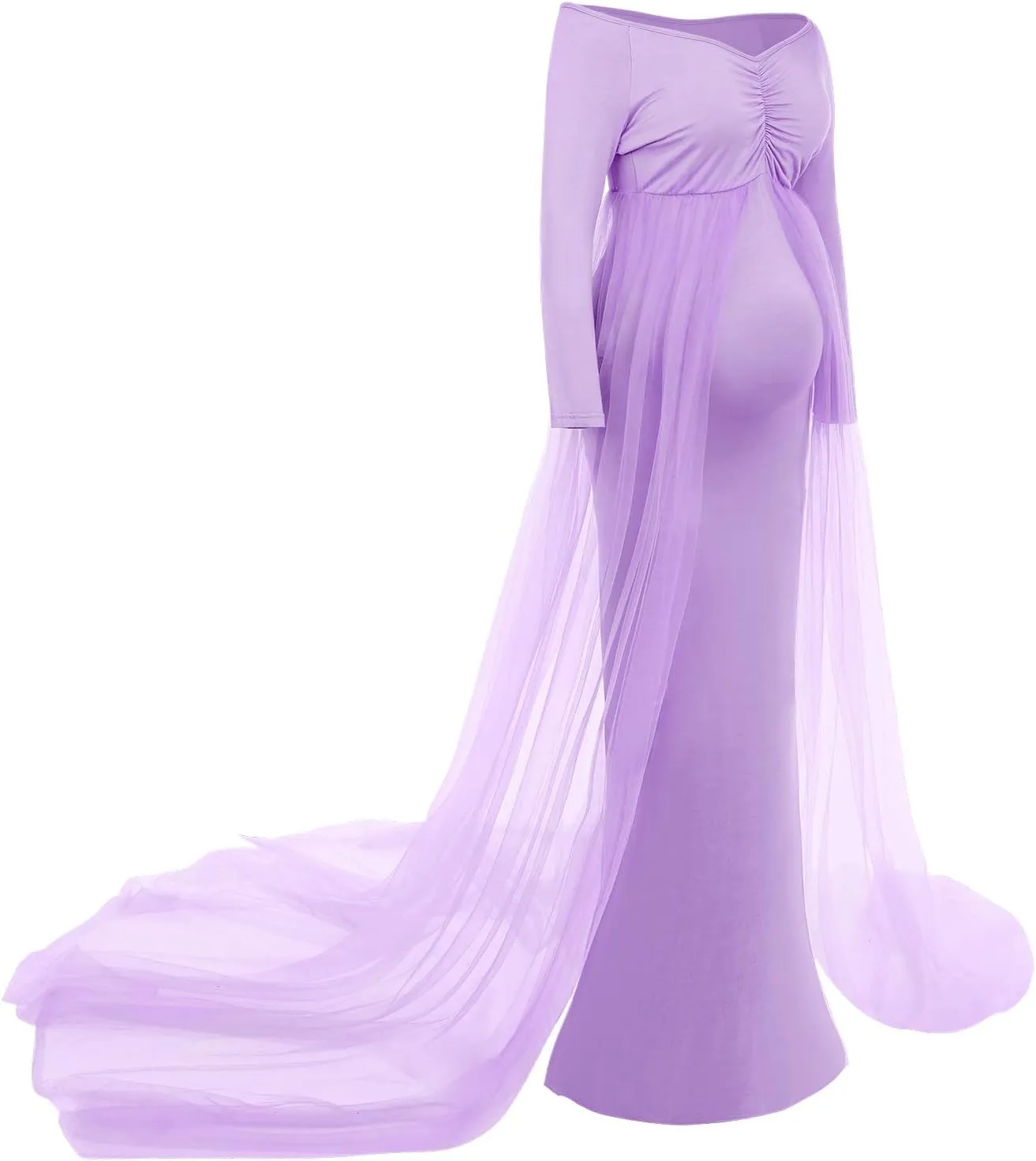 Women's Long Sleeve Off Shoulder Maternity Maxi Photography Dress Tulle Wedding Mermaid Gown for Photoshoot Baby Shower