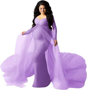 Women's Long Sleeve Off Shoulder Maternity Maxi Photography Dress Tulle Wedding Mermaid Gown for Photoshoot Baby Shower