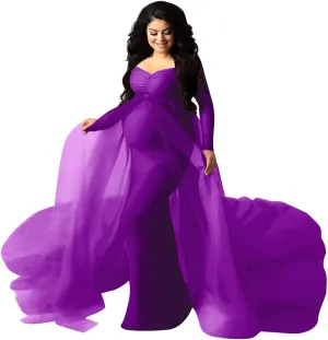 Women's Long Sleeve Off Shoulder Maternity Maxi Photography Dress Tulle Wedding Mermaid Gown for Photoshoot Baby Shower