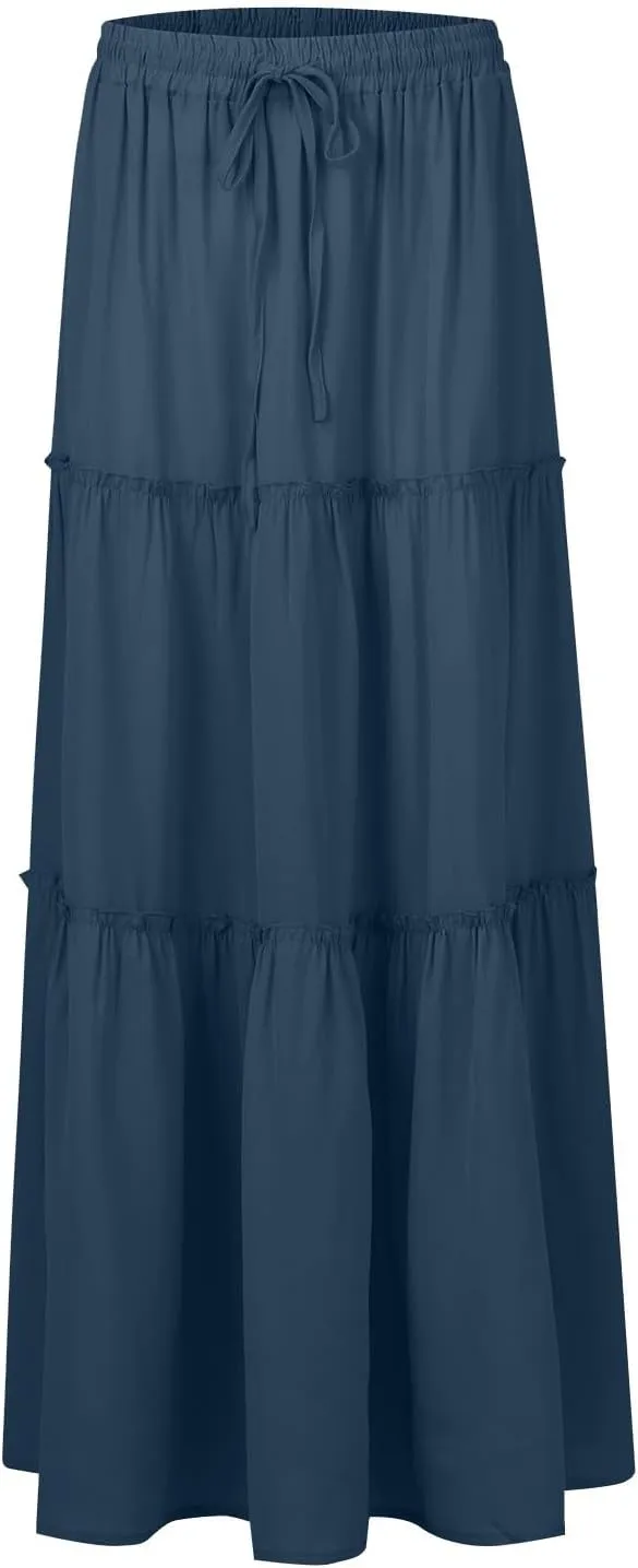 Womens Maxi Pleated Skirt Casual High Waisted A Line Skirts Summer Flowy Long Skirts Boho Beach Vacation Outfits