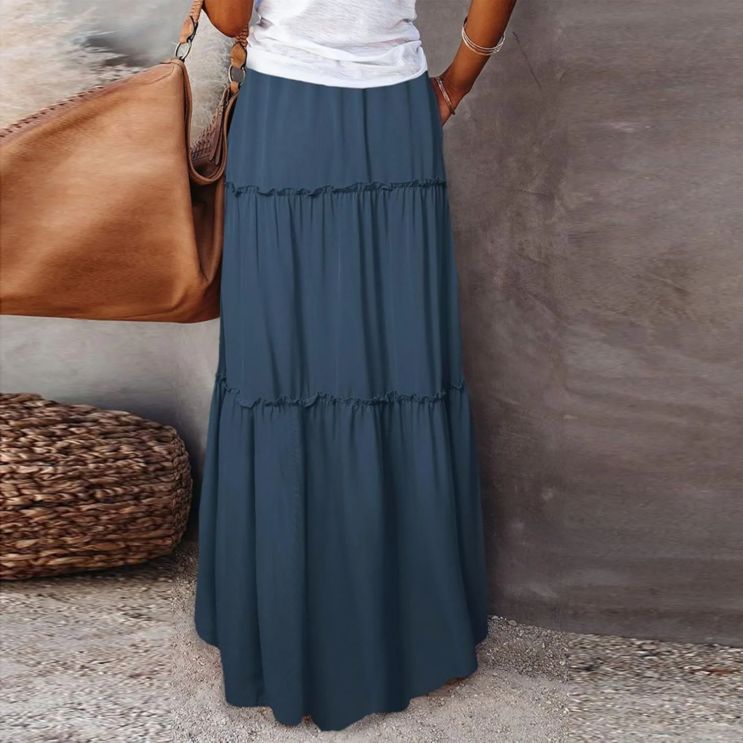 Womens Maxi Pleated Skirt Casual High Waisted A Line Skirts Summer Flowy Long Skirts Boho Beach Vacation Outfits