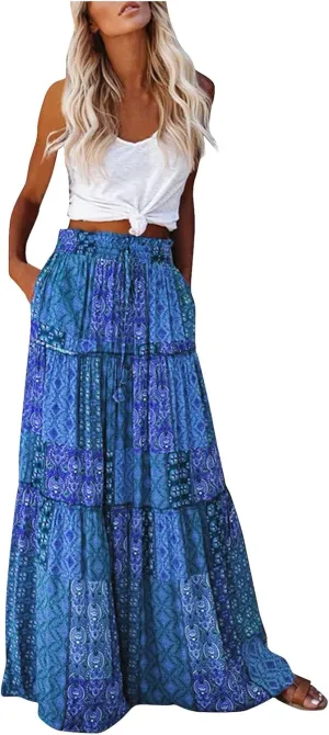 Womens Maxi Pleated Skirt Casual High Waisted A Line Skirts Summer Flowy Long Skirts Boho Beach Vacation Outfits