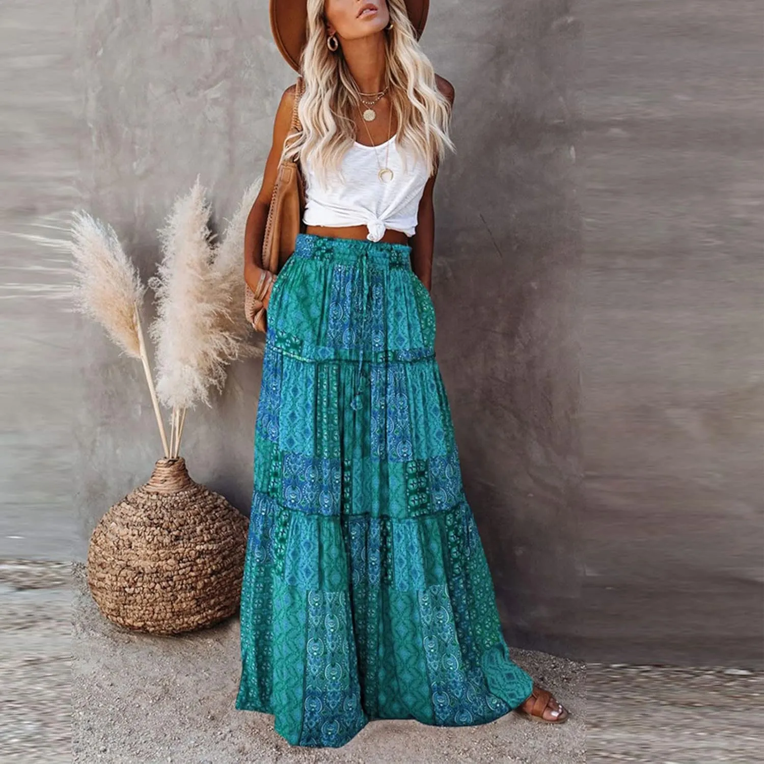 Womens Maxi Pleated Skirt Casual High Waisted A Line Skirts Summer Flowy Long Skirts Boho Beach Vacation Outfits