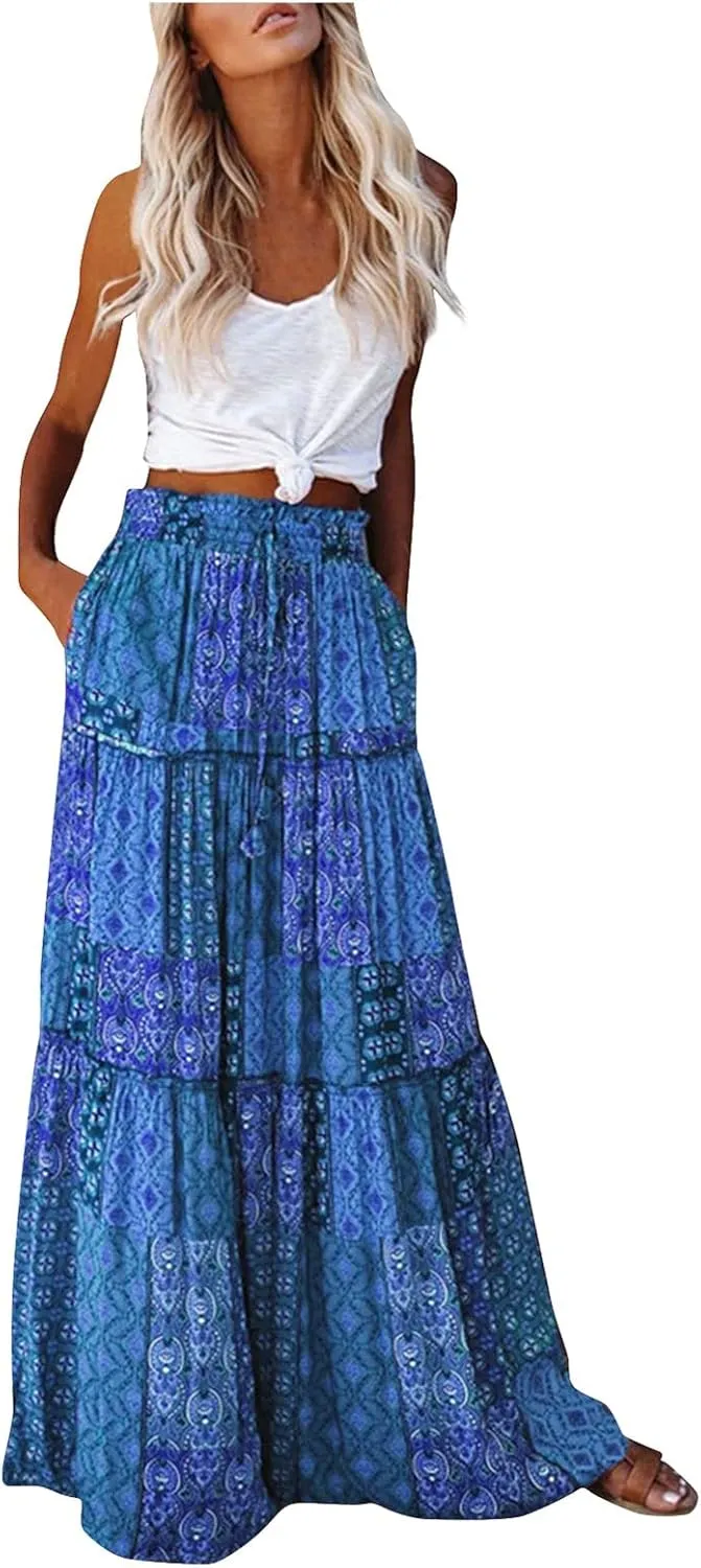 Womens Maxi Pleated Skirt Casual High Waisted A Line Skirts Summer Flowy Long Skirts Boho Beach Vacation Outfits