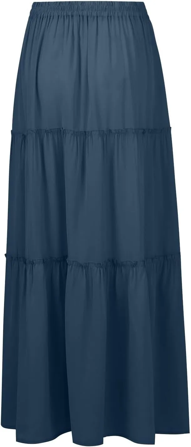 Womens Maxi Pleated Skirt Casual High Waisted A Line Skirts Summer Flowy Long Skirts Boho Beach Vacation Outfits