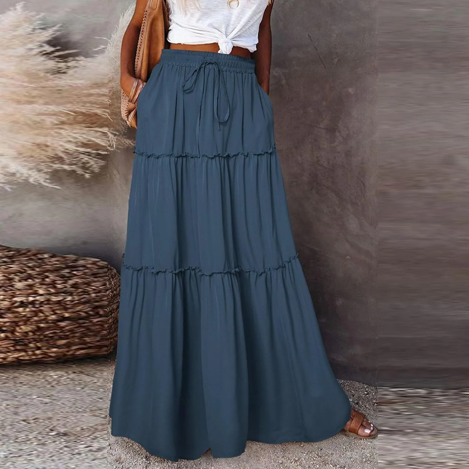 Womens Maxi Pleated Skirt Casual High Waisted A Line Skirts Summer Flowy Long Skirts Boho Beach Vacation Outfits