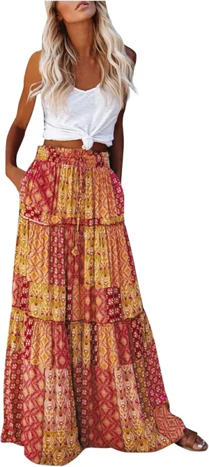Womens Maxi Pleated Skirt Casual High Waisted A Line Skirts Summer Flowy Long Skirts Boho Beach Vacation Outfits