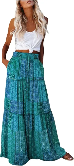 Womens Maxi Pleated Skirt Casual High Waisted A Line Skirts Summer Flowy Long Skirts Boho Beach Vacation Outfits