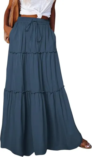 Womens Maxi Pleated Skirt Casual High Waisted A Line Skirts Summer Flowy Long Skirts Boho Beach Vacation Outfits