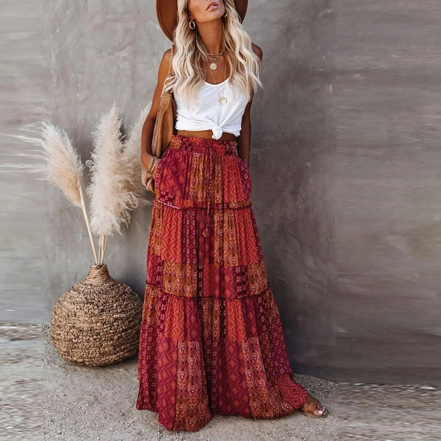 Womens Maxi Pleated Skirt Casual High Waisted A Line Skirts Summer Flowy Long Skirts Boho Beach Vacation Outfits