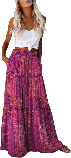 Womens Maxi Pleated Skirt Casual High Waisted A Line Skirts Summer Flowy Long Skirts Boho Beach Vacation Outfits