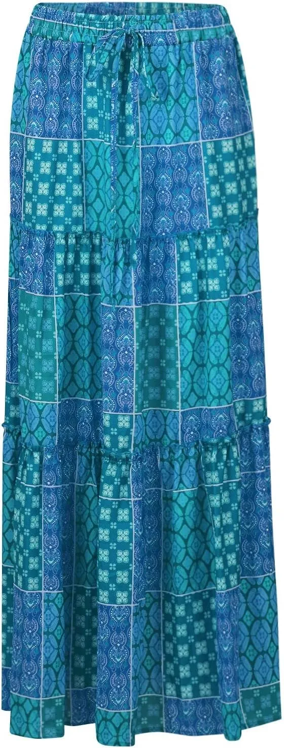 Womens Maxi Pleated Skirt Casual High Waisted A Line Skirts Summer Flowy Long Skirts Boho Beach Vacation Outfits