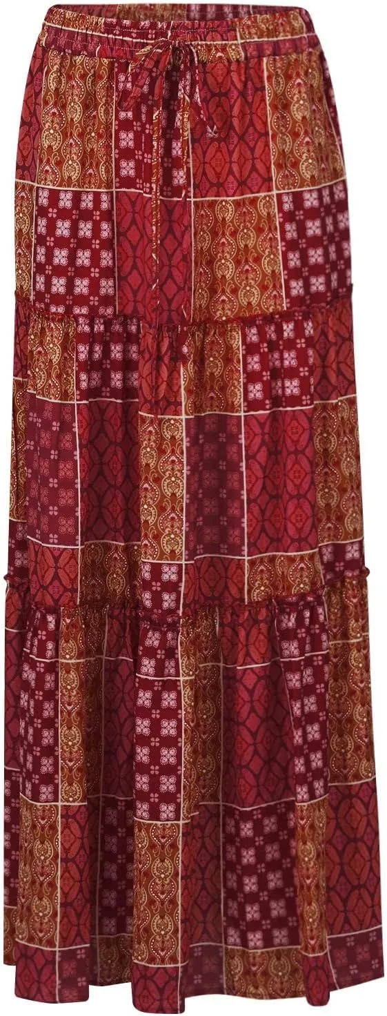 Womens Maxi Pleated Skirt Casual High Waisted A Line Skirts Summer Flowy Long Skirts Boho Beach Vacation Outfits