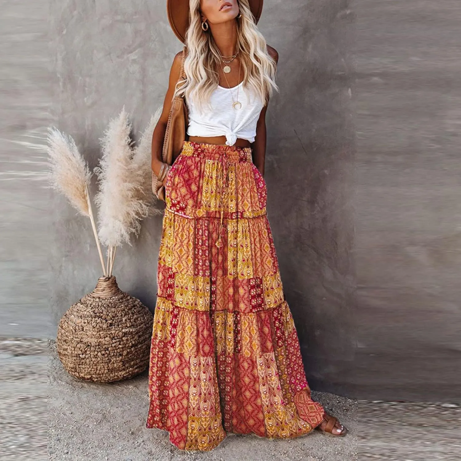 Womens Maxi Pleated Skirt Casual High Waisted A Line Skirts Summer Flowy Long Skirts Boho Beach Vacation Outfits
