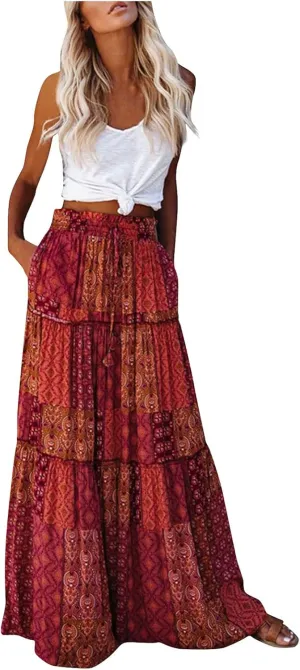 Womens Maxi Pleated Skirt Casual High Waisted A Line Skirts Summer Flowy Long Skirts Boho Beach Vacation Outfits