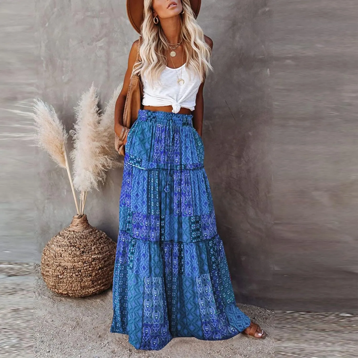 Womens Maxi Pleated Skirt Casual High Waisted A Line Skirts Summer Flowy Long Skirts Boho Beach Vacation Outfits