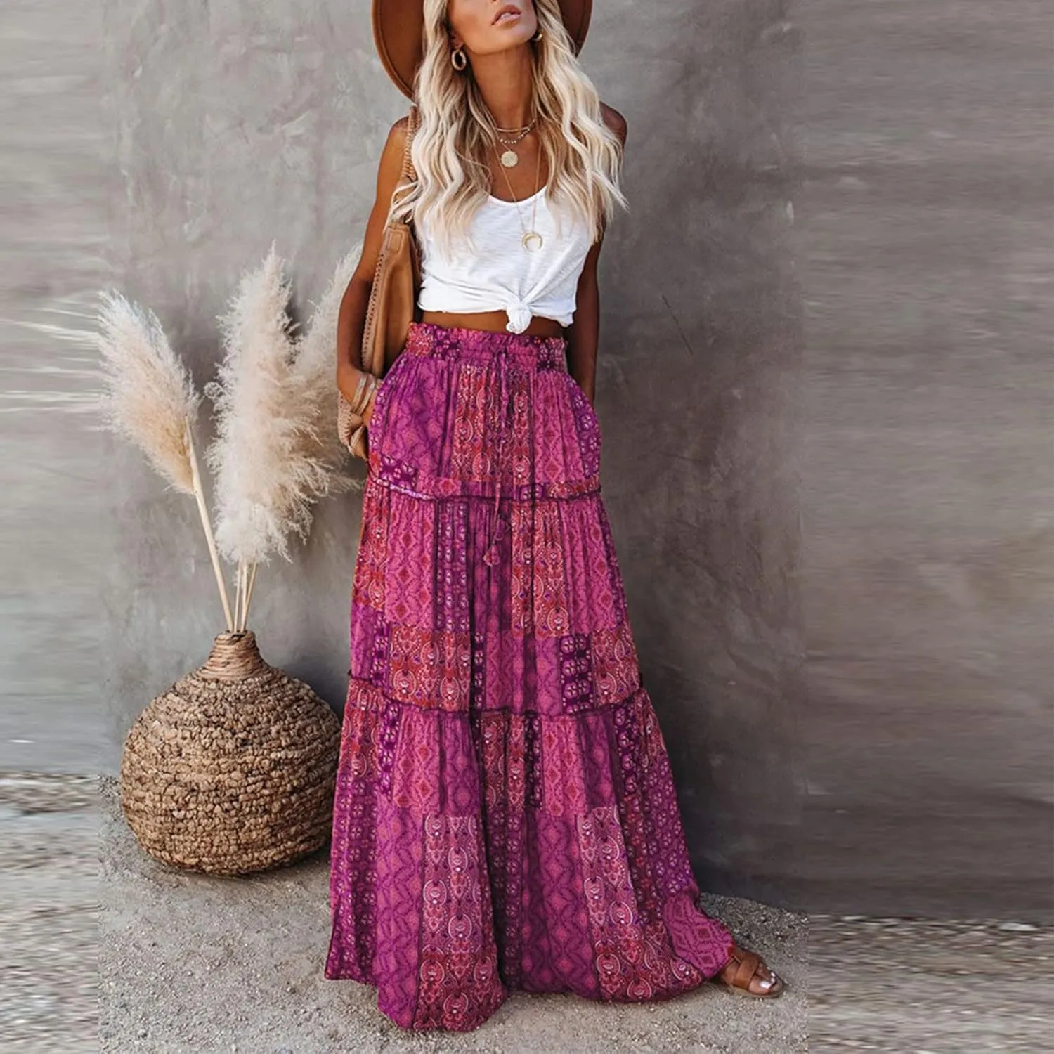 Womens Maxi Pleated Skirt Casual High Waisted A Line Skirts Summer Flowy Long Skirts Boho Beach Vacation Outfits