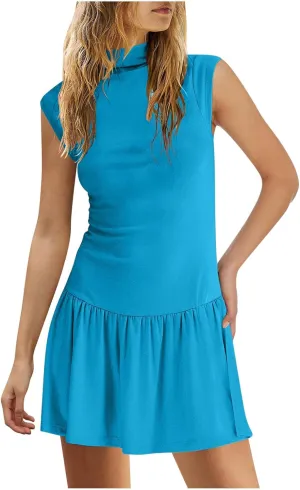Womens Mock Neck Sleeveless Mini Dress Casual Summer Flowy Dresses Loose Fit Ruffle Hem Dress Comfy Trendy Sundress