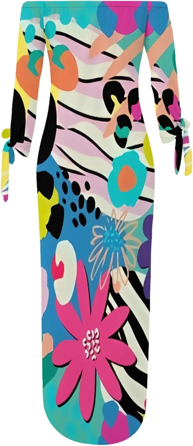 Women's Off Shoulder Maxi Dress Leopard Summer Casual Loose Long Sleeve Side Slit Dresses Sexy T Shirt Beach Long Sundress
