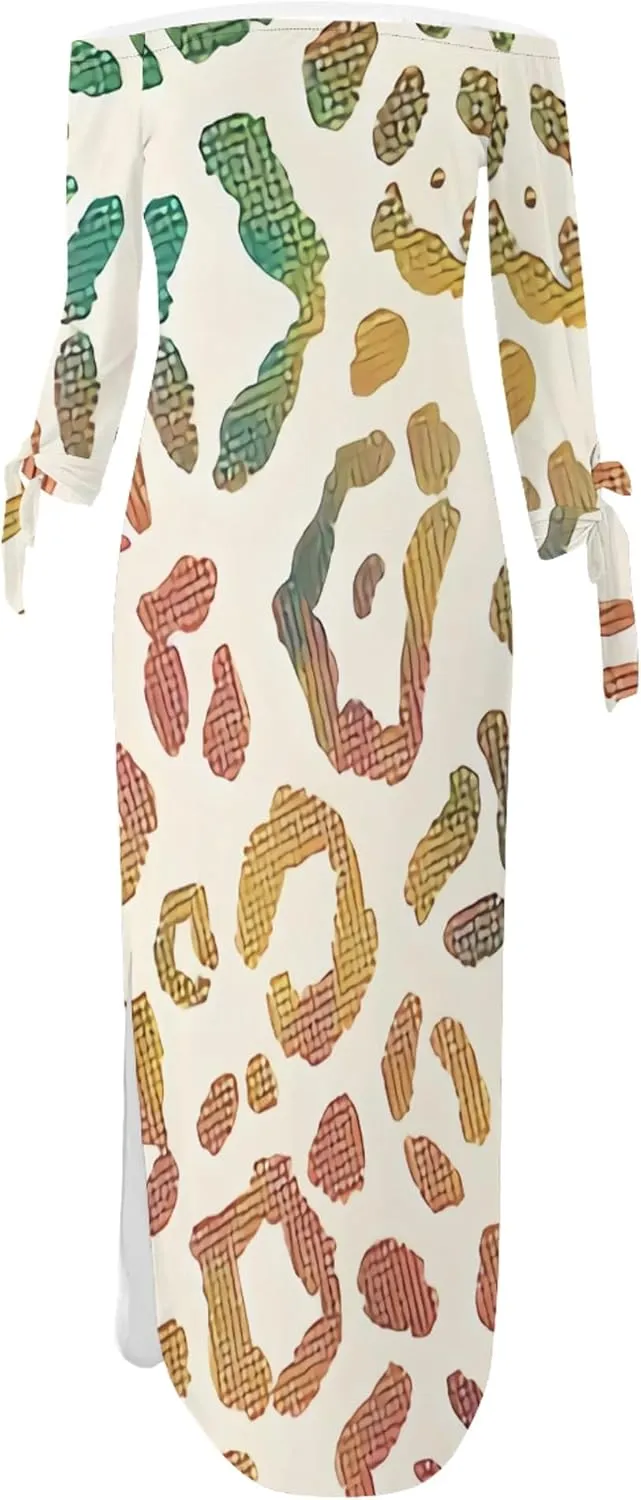 Women's Off Shoulder Maxi Dress Leopard Summer Casual Loose Long Sleeve Side Slit Dresses Sexy T Shirt Beach Long Sundress