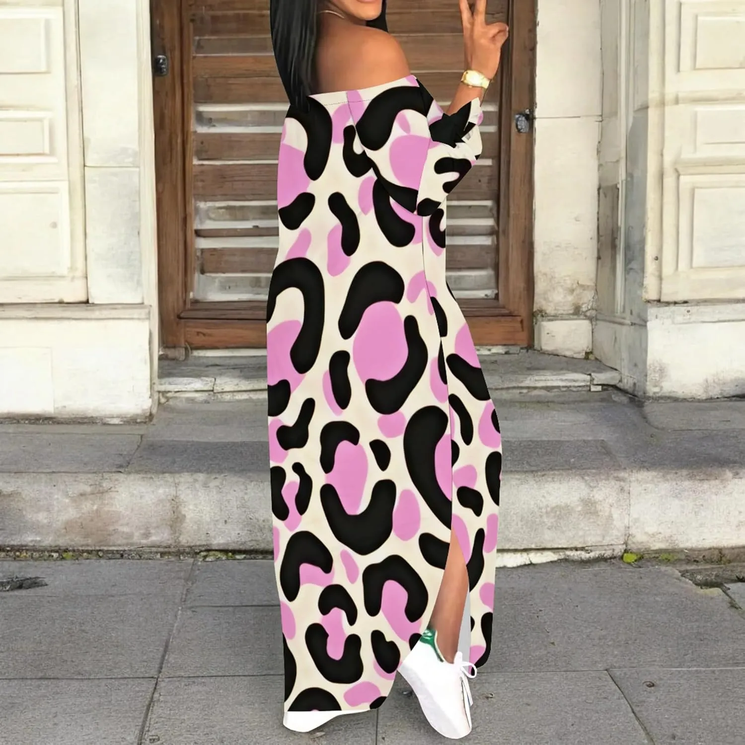 Women's Off Shoulder Maxi Dress Leopard Summer Casual Loose Long Sleeve Side Slit Dresses Sexy T Shirt Beach Long Sundress