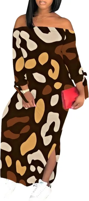 Women's Off Shoulder Maxi Dress Leopard Summer Casual Loose Long Sleeve Side Slit Dresses Sexy T Shirt Beach Long Sundress