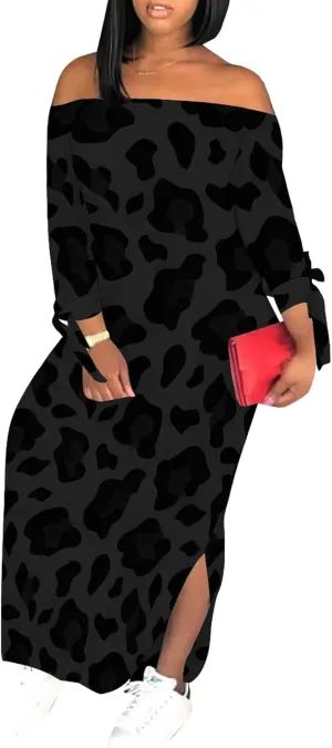 Women's Off Shoulder Maxi Dress Leopard Summer Casual Loose Long Sleeve Side Slit Dresses Sexy T Shirt Beach Long Sundress