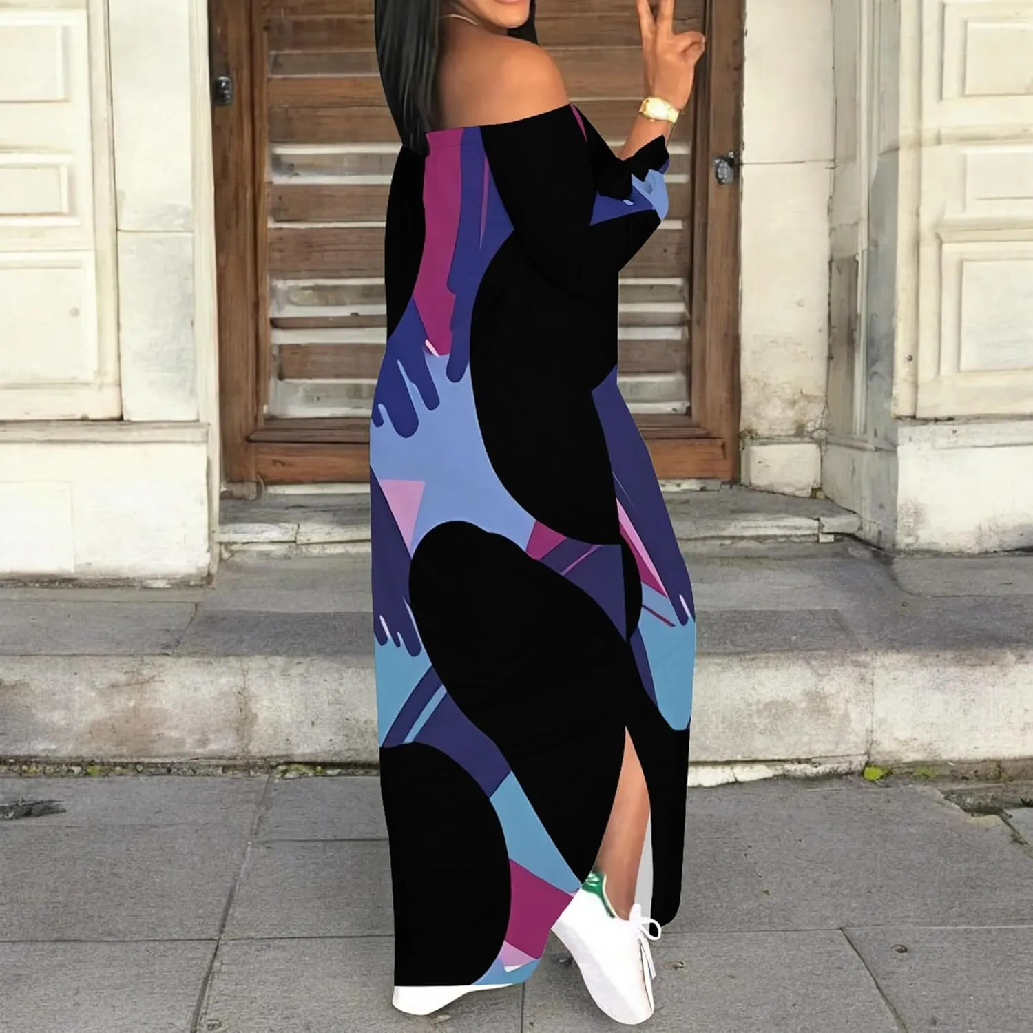 Women's Off Shoulder Maxi Dress Leopard Summer Casual Loose Long Sleeve Side Slit Dresses Sexy T Shirt Beach Long Sundress