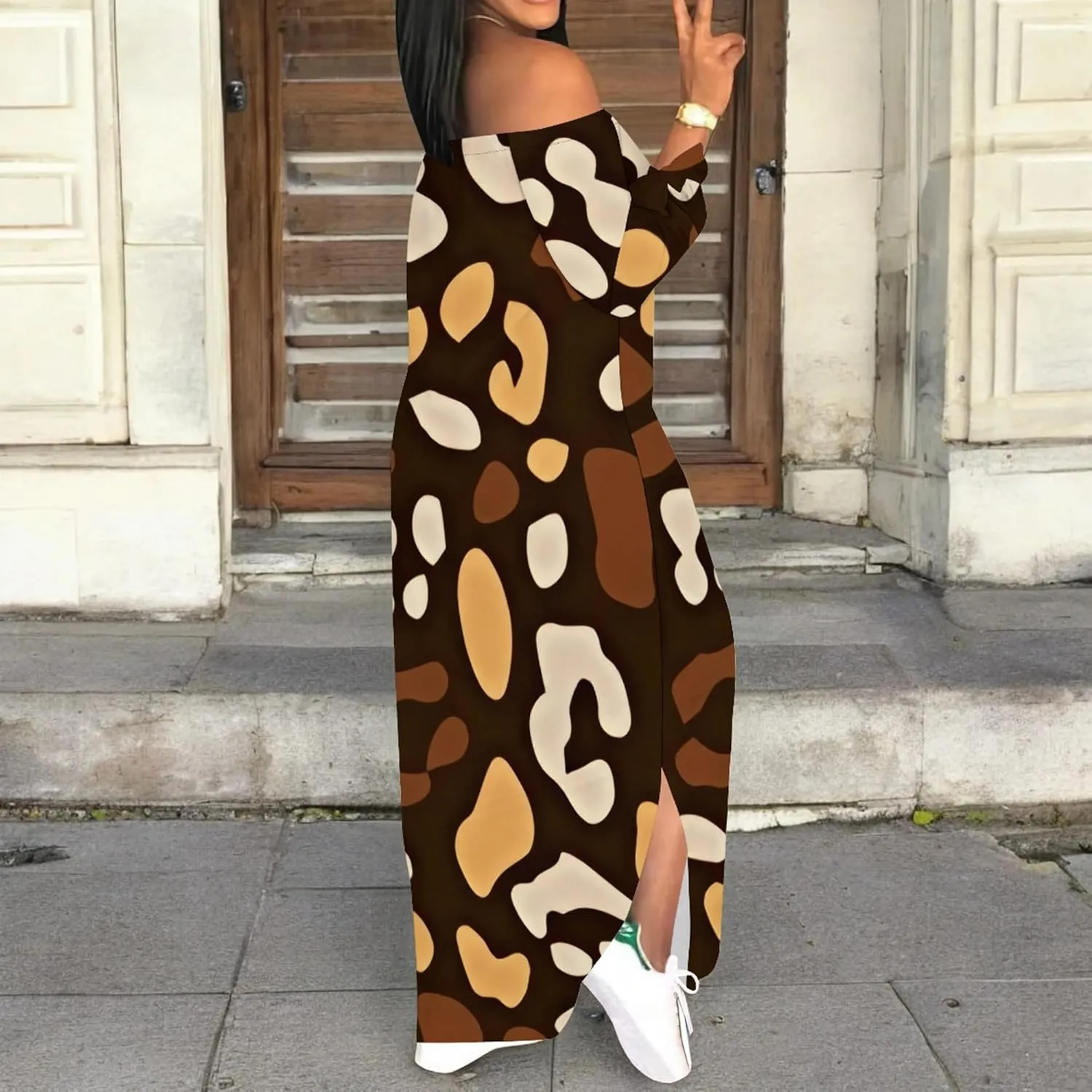 Women's Off Shoulder Maxi Dress Leopard Summer Casual Loose Long Sleeve Side Slit Dresses Sexy T Shirt Beach Long Sundress