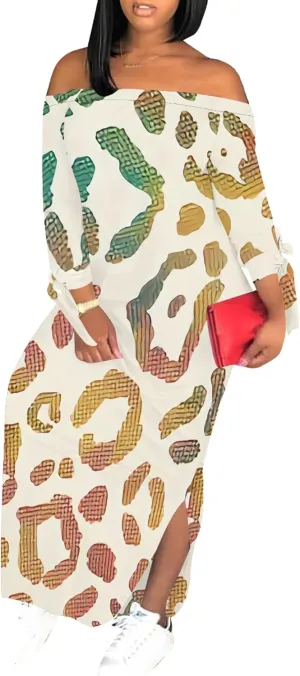 Women's Off Shoulder Maxi Dress Leopard Summer Casual Loose Long Sleeve Side Slit Dresses Sexy T Shirt Beach Long Sundress