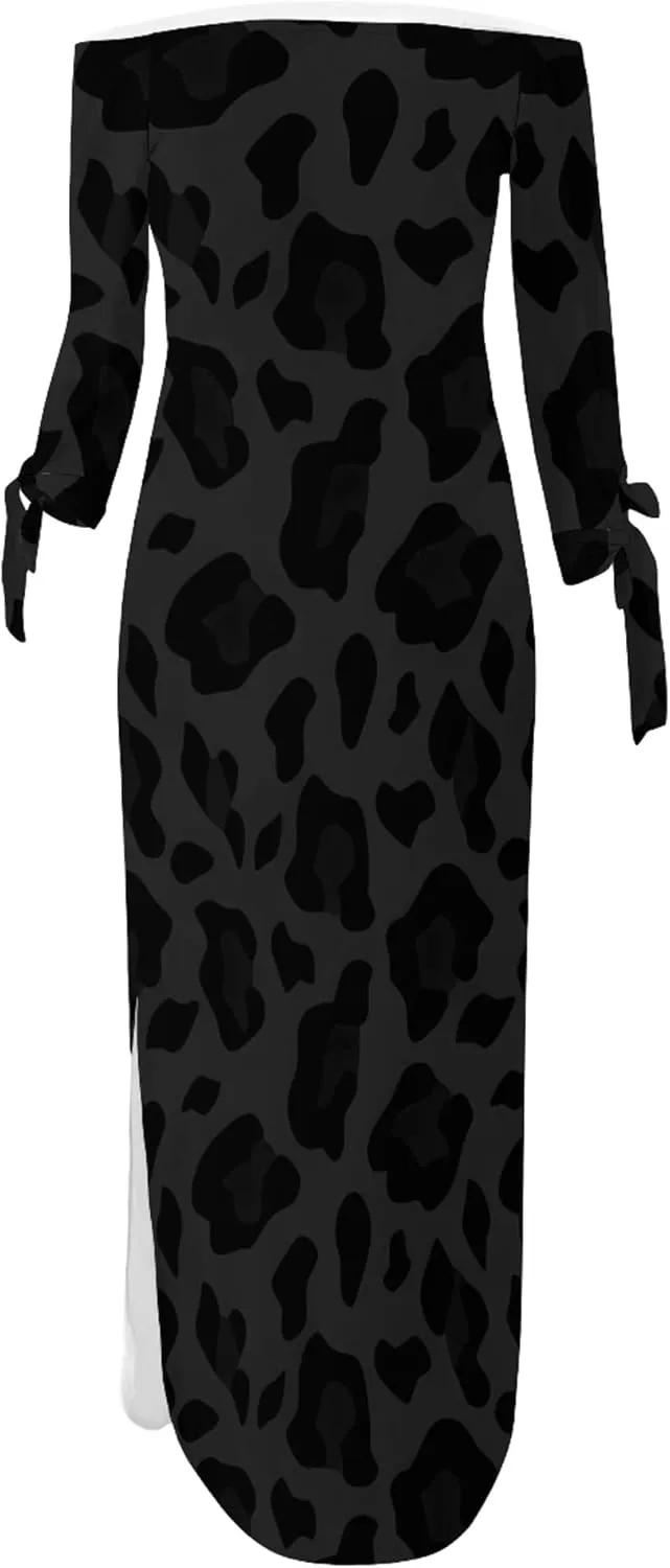 Women's Off Shoulder Maxi Dress Leopard Summer Casual Loose Long Sleeve Side Slit Dresses Sexy T Shirt Beach Long Sundress