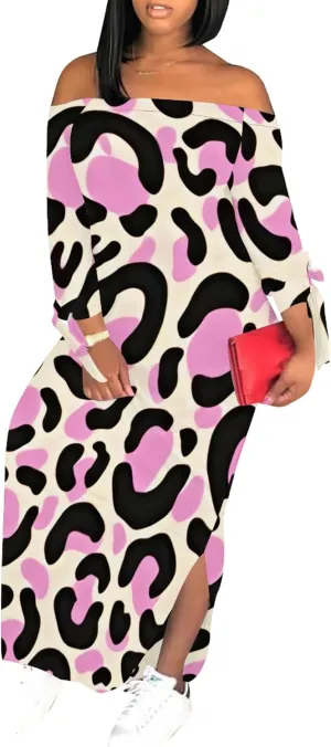 Women's Off Shoulder Maxi Dress Leopard Summer Casual Loose Long Sleeve Side Slit Dresses Sexy T Shirt Beach Long Sundress