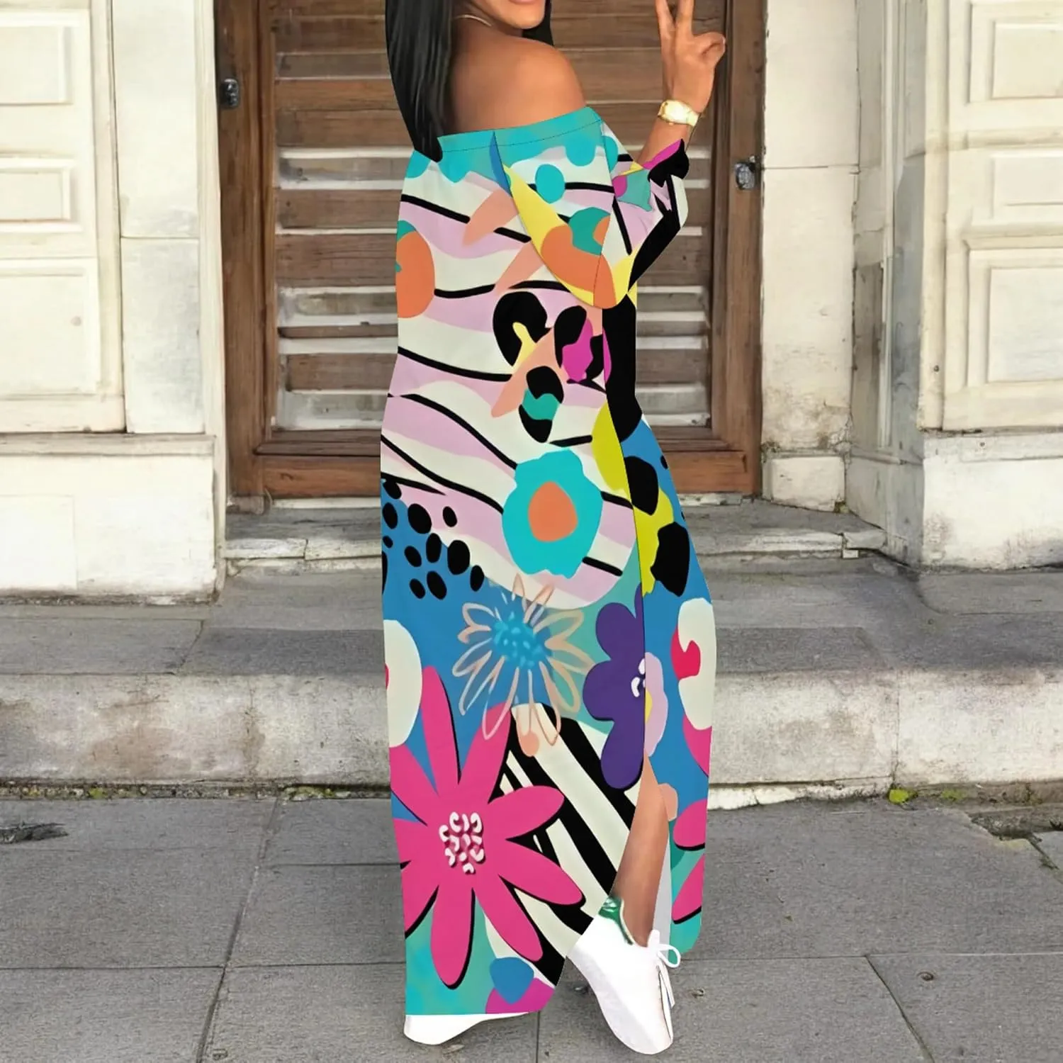 Women's Off Shoulder Maxi Dress Leopard Summer Casual Loose Long Sleeve Side Slit Dresses Sexy T Shirt Beach Long Sundress