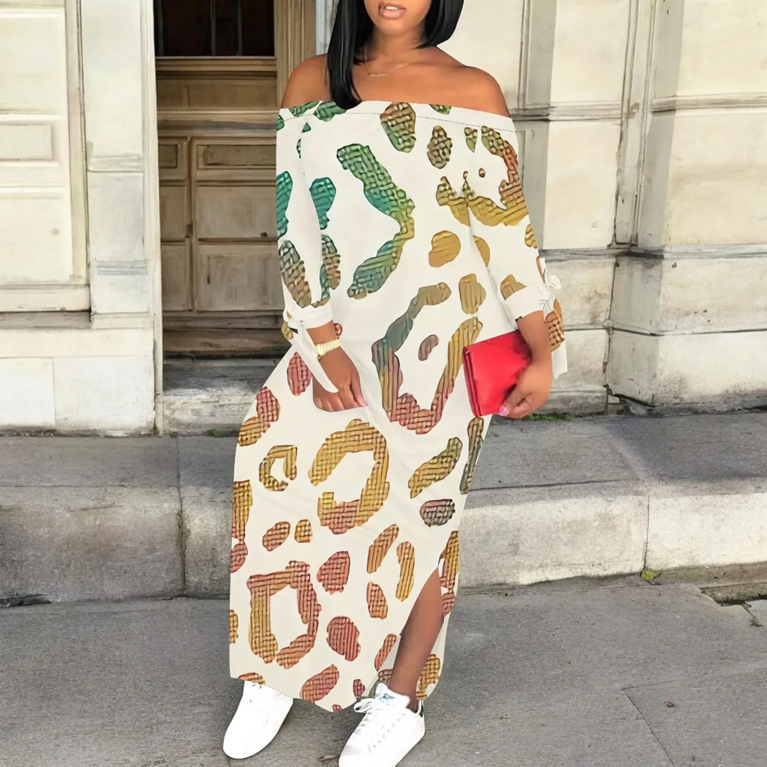 Women's Off Shoulder Maxi Dress Leopard Summer Casual Loose Long Sleeve Side Slit Dresses Sexy T Shirt Beach Long Sundress