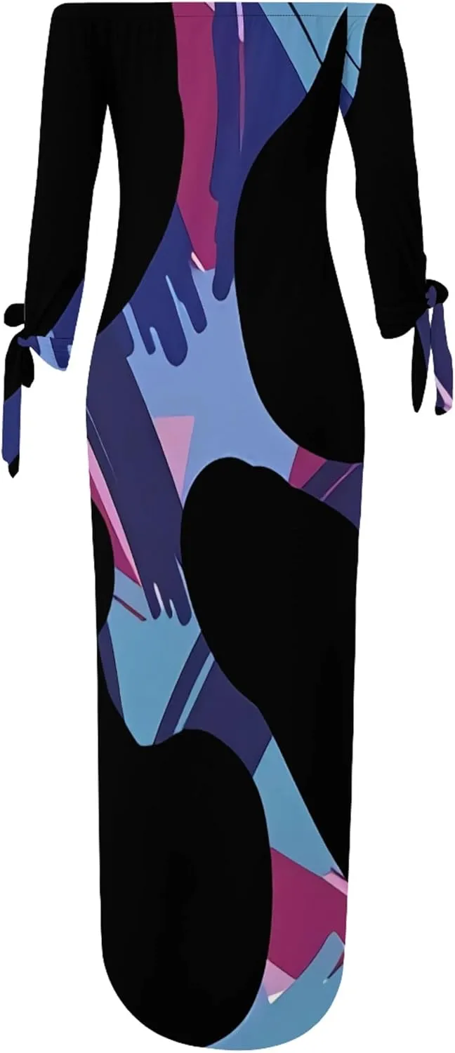 Women's Off Shoulder Maxi Dress Leopard Summer Casual Loose Long Sleeve Side Slit Dresses Sexy T Shirt Beach Long Sundress
